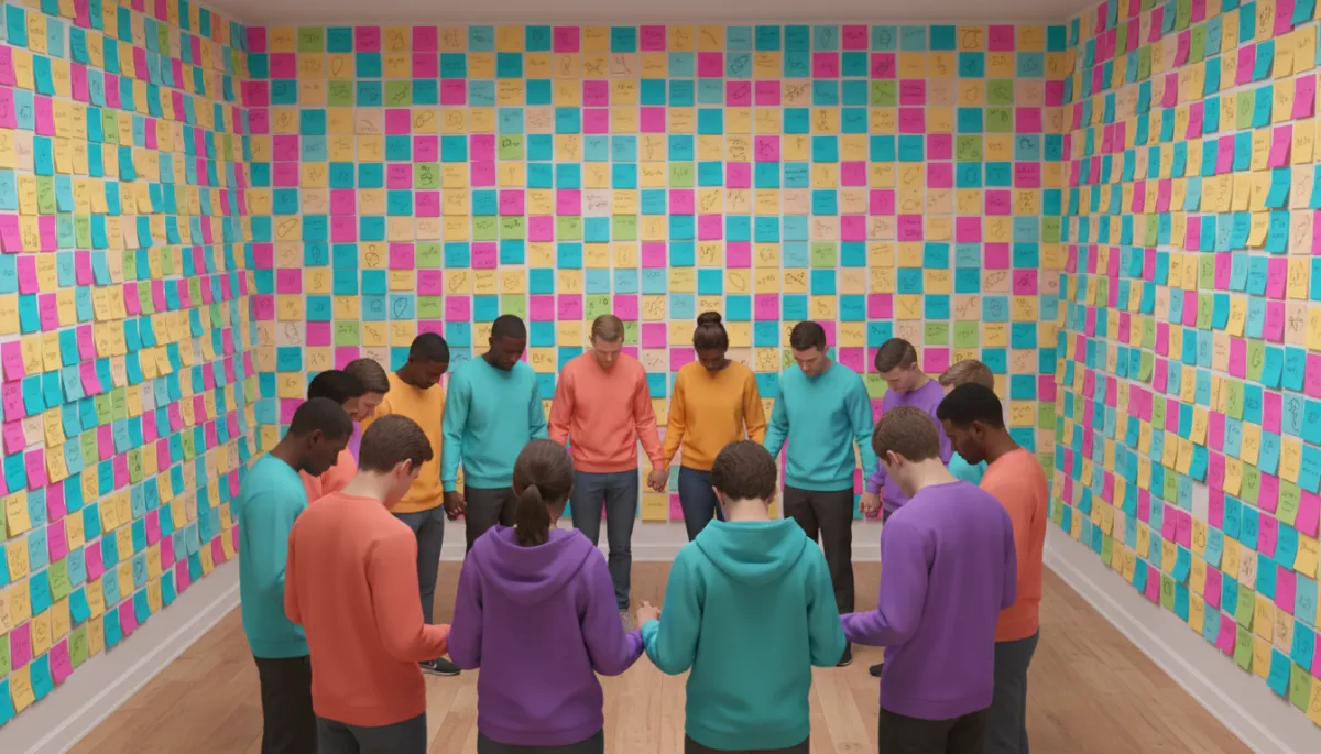 Volunteers praying together in front of a wall of colorful prayer requests Volunteers praying together in front of a wall of colorful prayer requests
