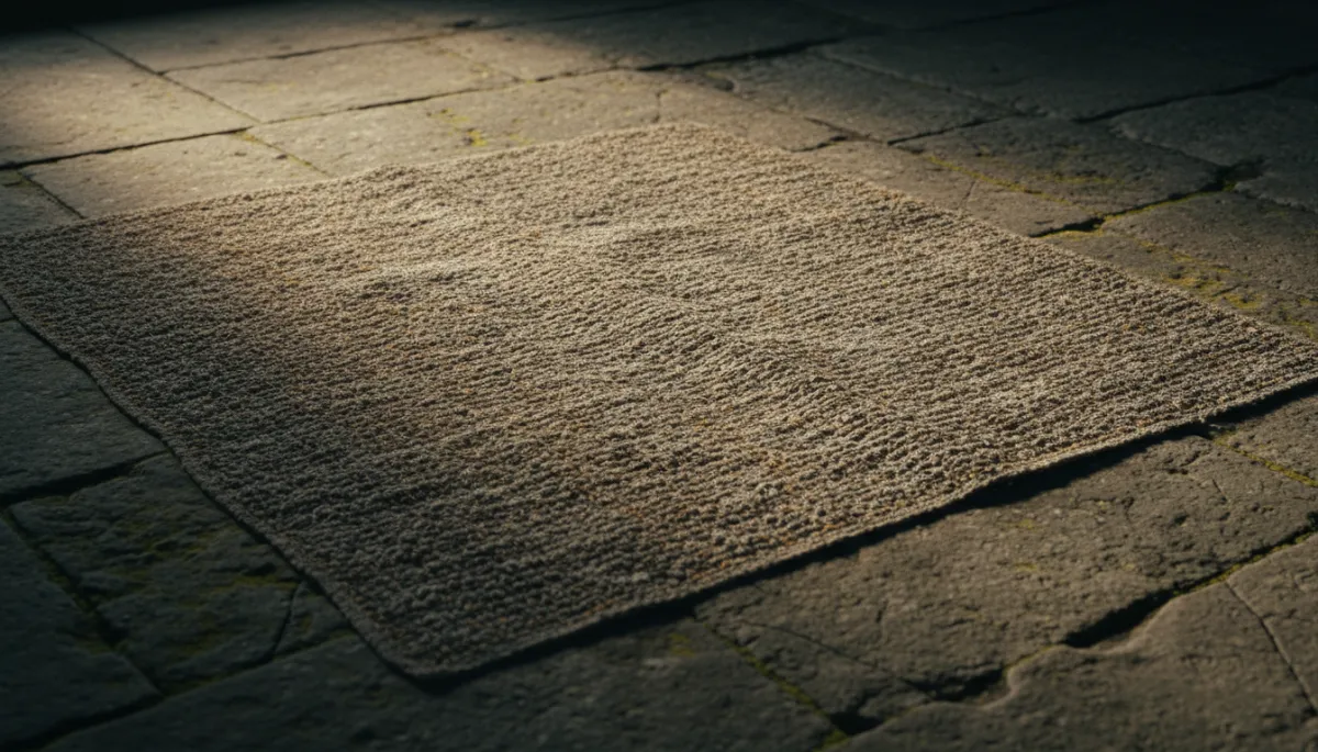 Photorealistic close-up of a worn mat lying on old stone flooring Photorealistic close-up of a worn mat lying on old stone flooring