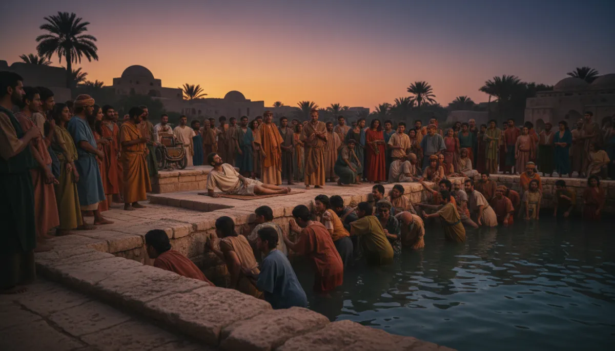 Photorealistic view of people crowding near an ancient pool while one man lies behind Photorealistic view of people crowding near an ancient pool while one man lies behind