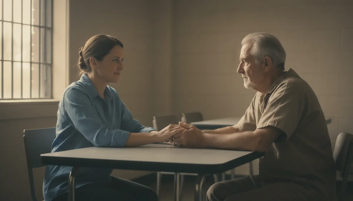 Photorealistic view of a volunteer talking with an older man in a visiting room Photorealistic view of a volunteer talking with an older man in a visiting room