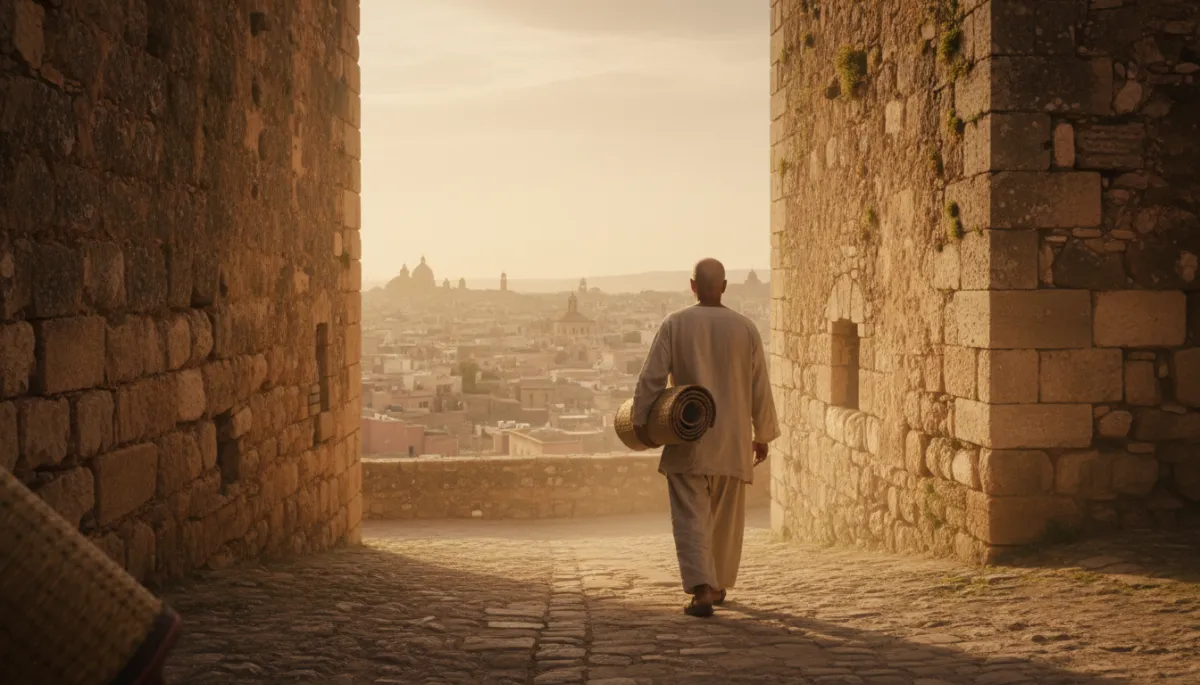 Photorealistic scene of a man walking away carrying a rolled-up mat Photorealistic scene of a man walking away carrying a rolled-up mat