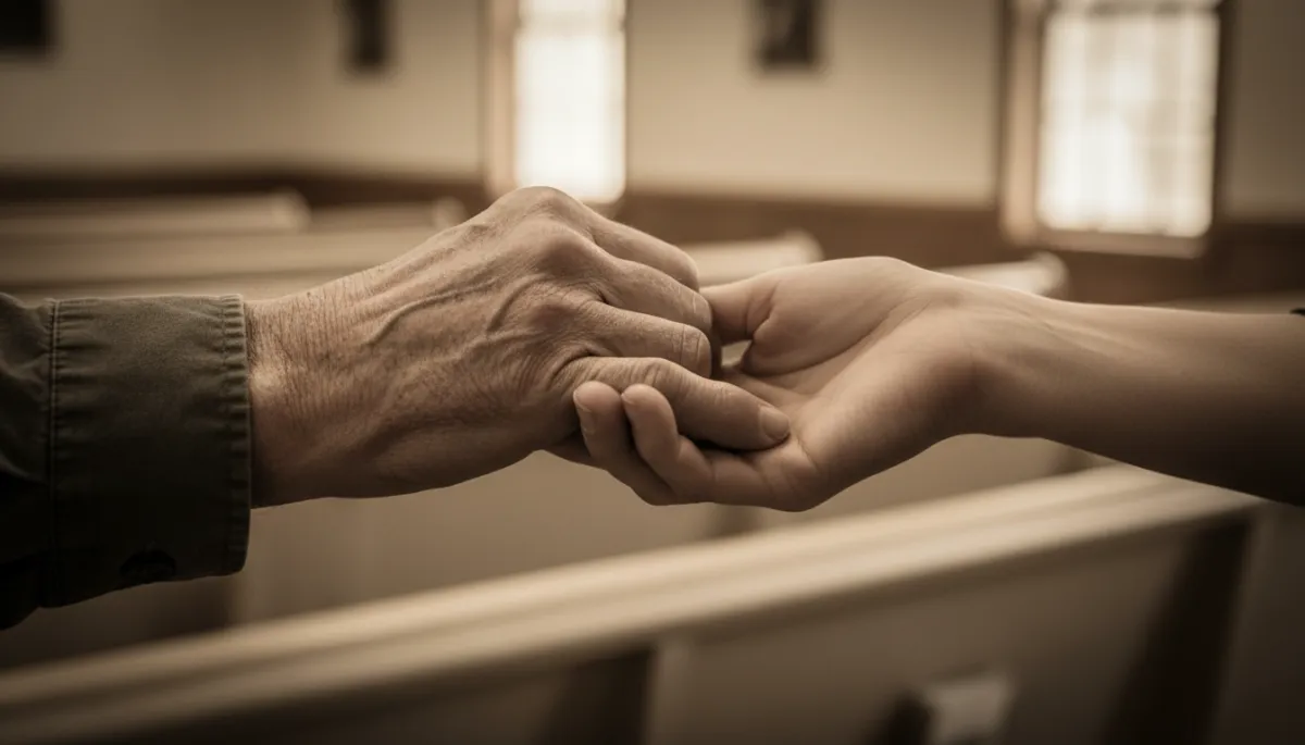 Supportive hand clasping the hand of someone in need in a church setting Supportive hand clasping the hand of someone in need in a church setting