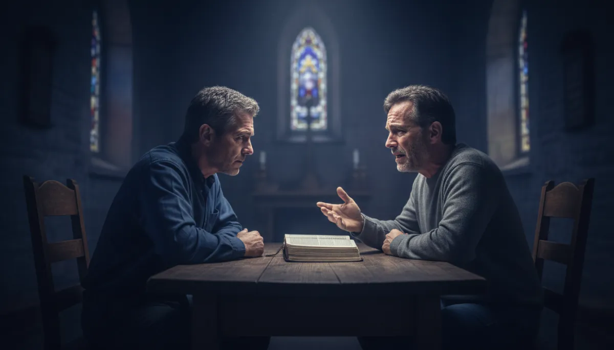Two men in a church room talking with an open Bible between them Two men in a church room talking with an open Bible between them