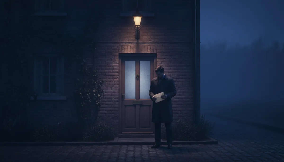 Man standing outside a front door at dusk holding a letter Man standing outside a front door at dusk holding a letter
