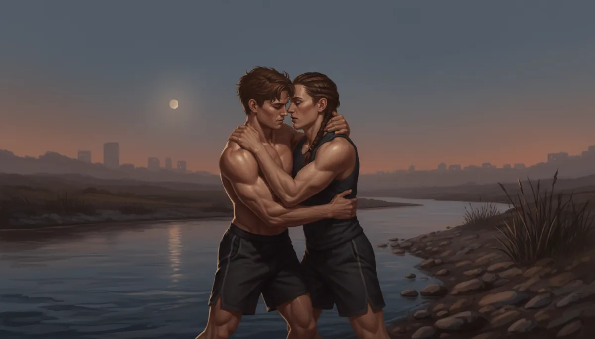 Jacob wrestling with a mysterious figure near the river at night
