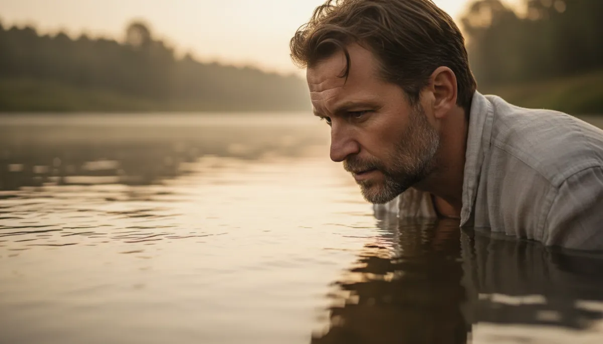 A man looking at his reflection in the river at dawn