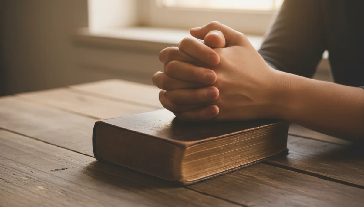 Hands in prayer over an open Bible in a quiet moment