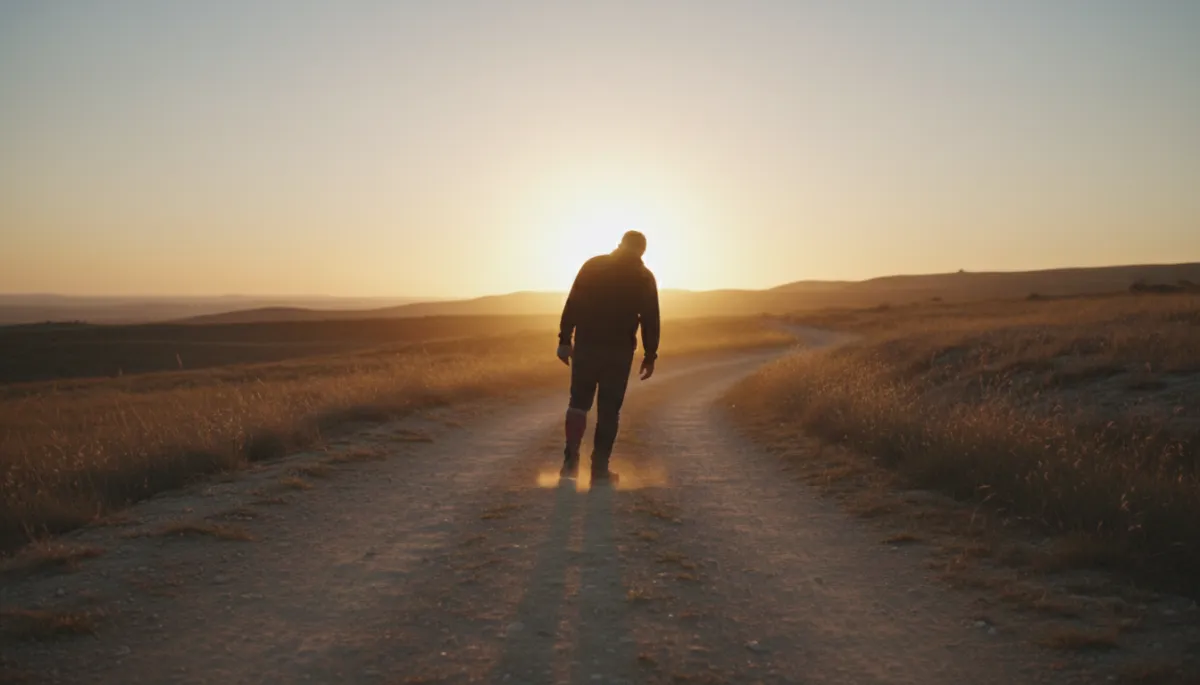 A man walking with a limp at sunrise along a dusty path