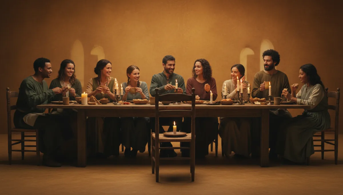 Photorealistic group sharing a warm meal with an empty chair waiting Photorealistic group sharing a warm meal with an empty chair waiting