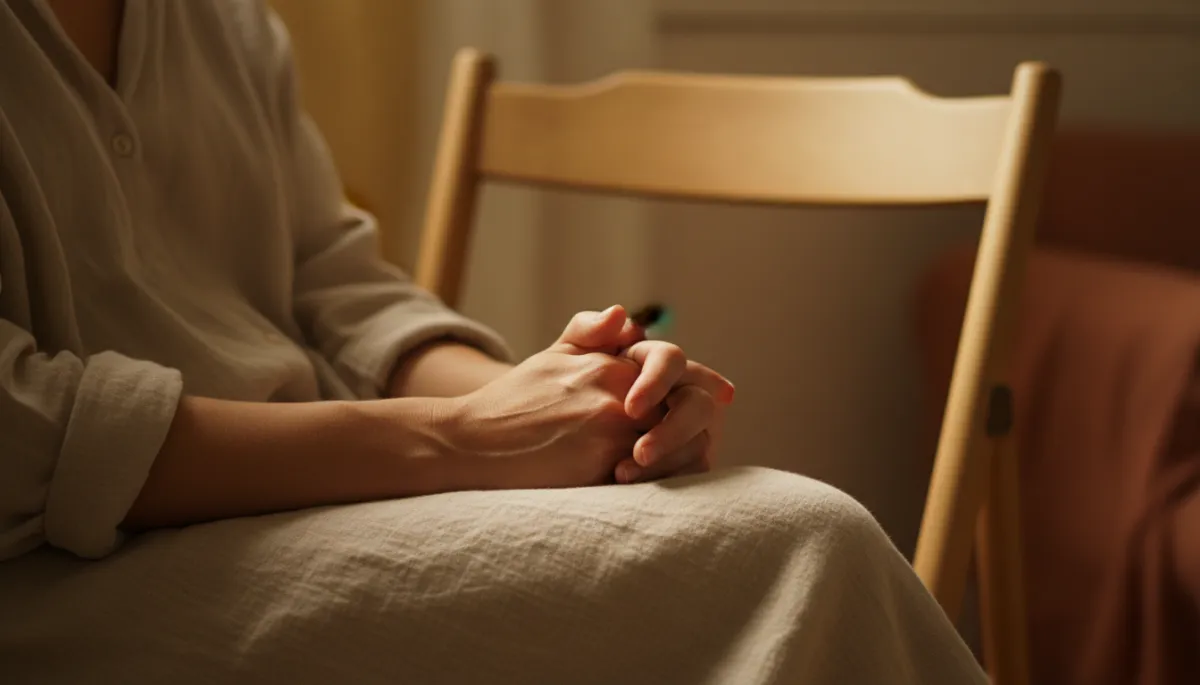 Photorealistic close-up of scarred hands resting quietly in a chair Photorealistic close-up of scarred hands resting quietly in a chair