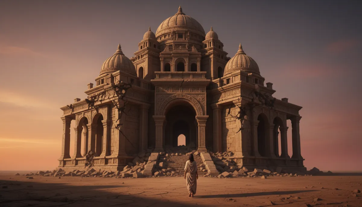 A grand religious building starting to crumble as a lone woman walks away