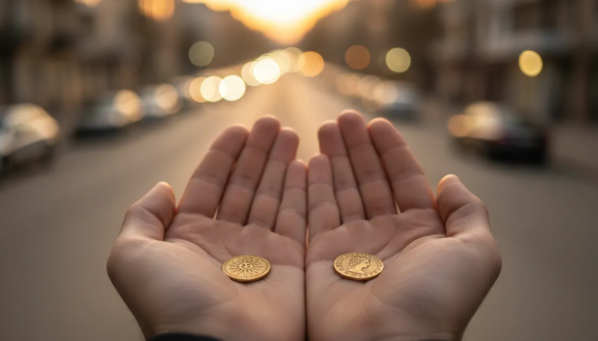 Open hands holding two tiny coins in warm evening light