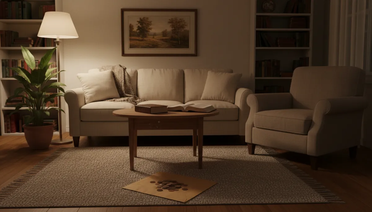 A humble living room with a Bible and small offering on a table
