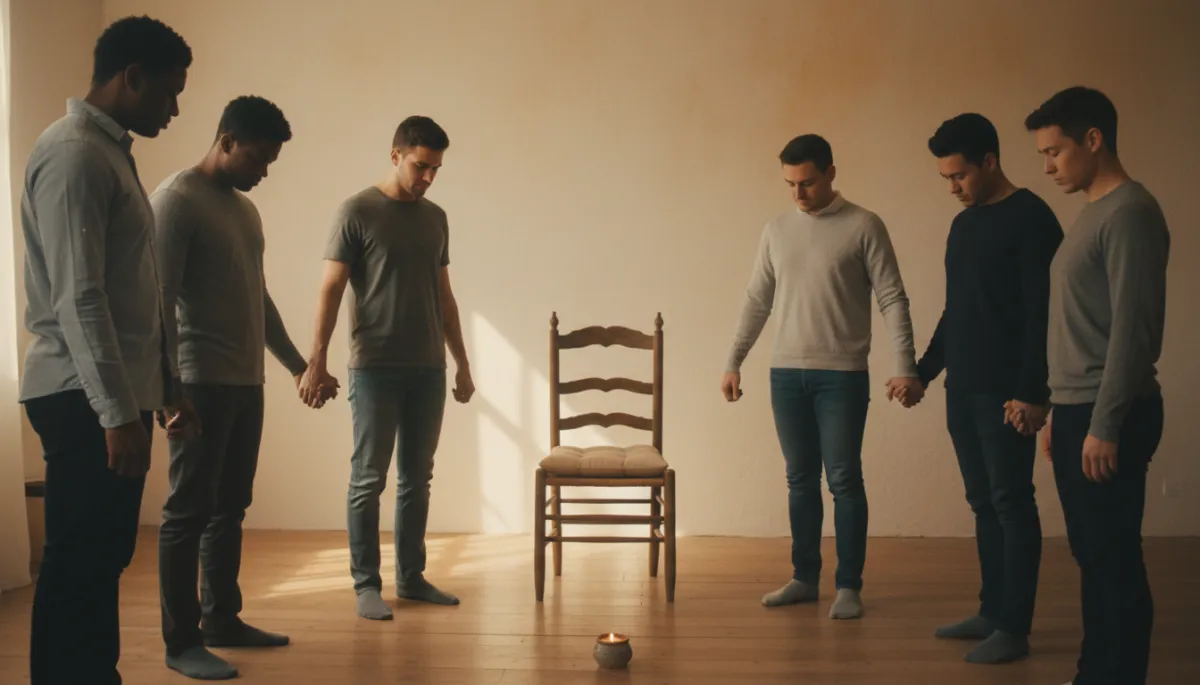 photographic realistic timeless tones small prayer circle in a simple room, diverse group holding hands with one empty chair in the circle, soft warm light symbolizing invitation