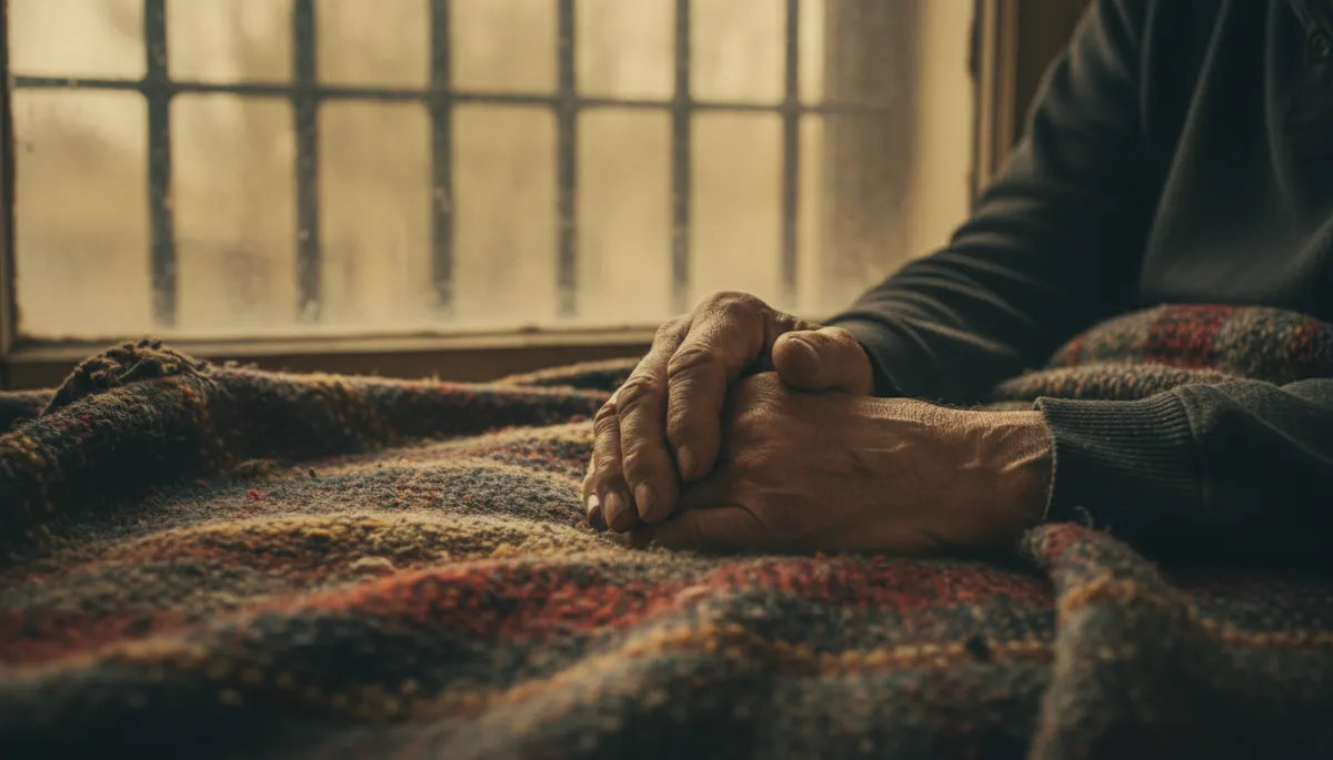 photographic realistic timeless tones close-up of an older man’s hands resting on a worn blanket, faint prison bars reflected in a nearby window, warm muted lighting