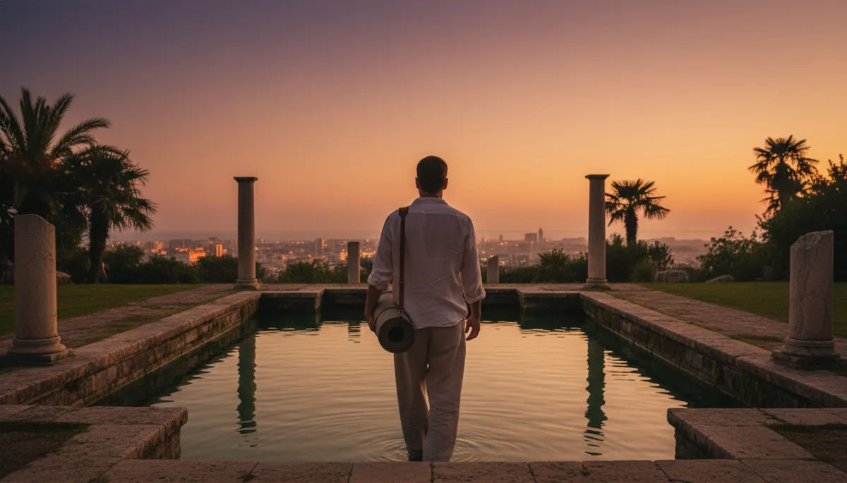 photographic realistic timeless tones man walking away from an old stone pool carrying a rolled-up mat on his shoulder, distant city in soft focus, warm late-afternoon light