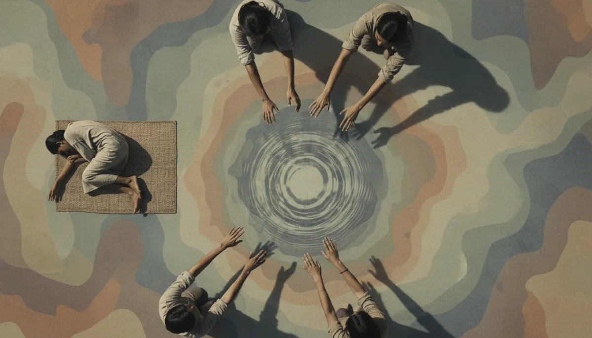 photographic realistic timeless tones overhead view of several people reaching toward a small pool of water, one weaker figure left behind on a mat, muted colors and soft shadows