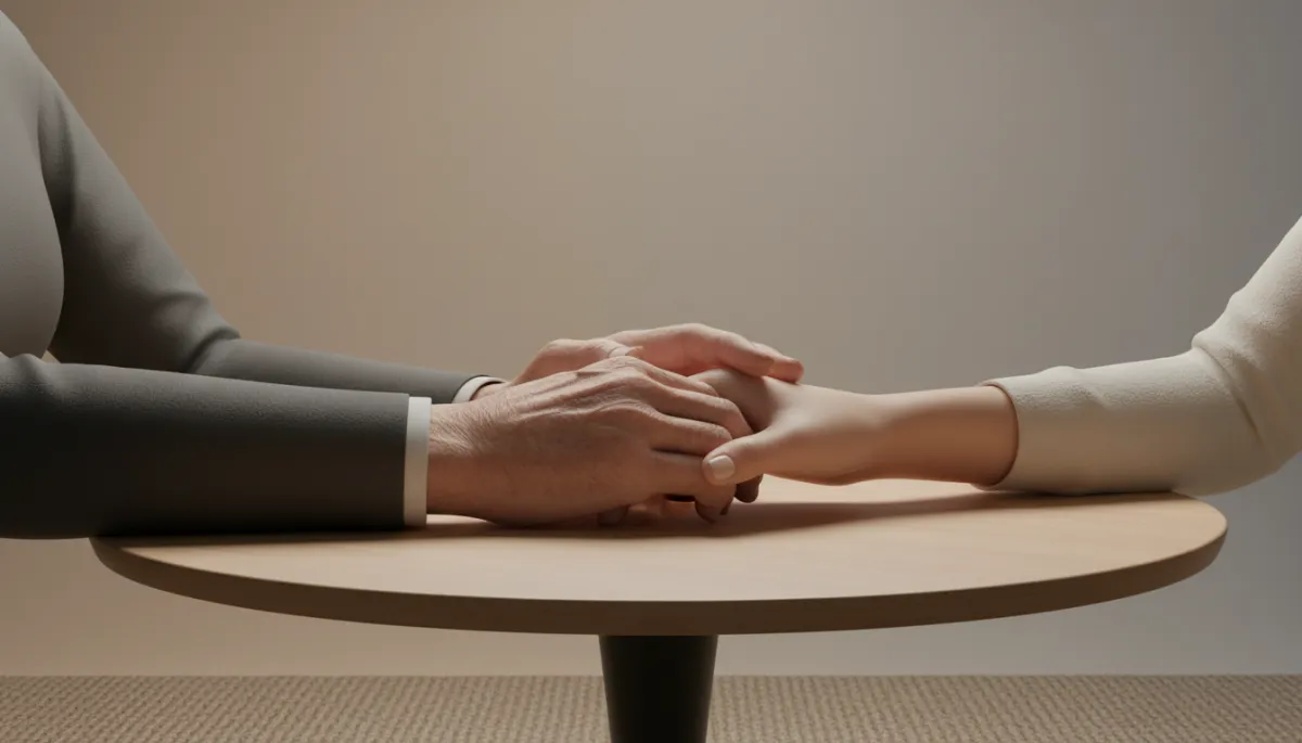Two hands clasped gently across a table in a compassionate gesture