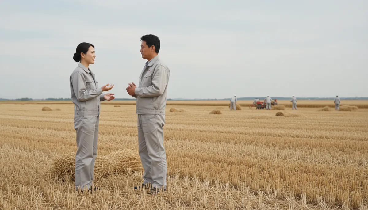 Man and woman talking respectfully at the edge of a field