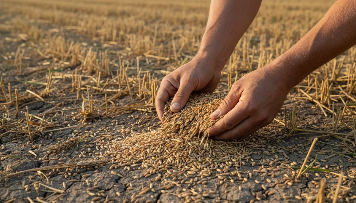 Hands gathering fallen grain in a neutral-toned field