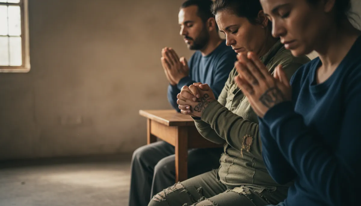 Small group praying together including formerly incarcerated and homeless individuals