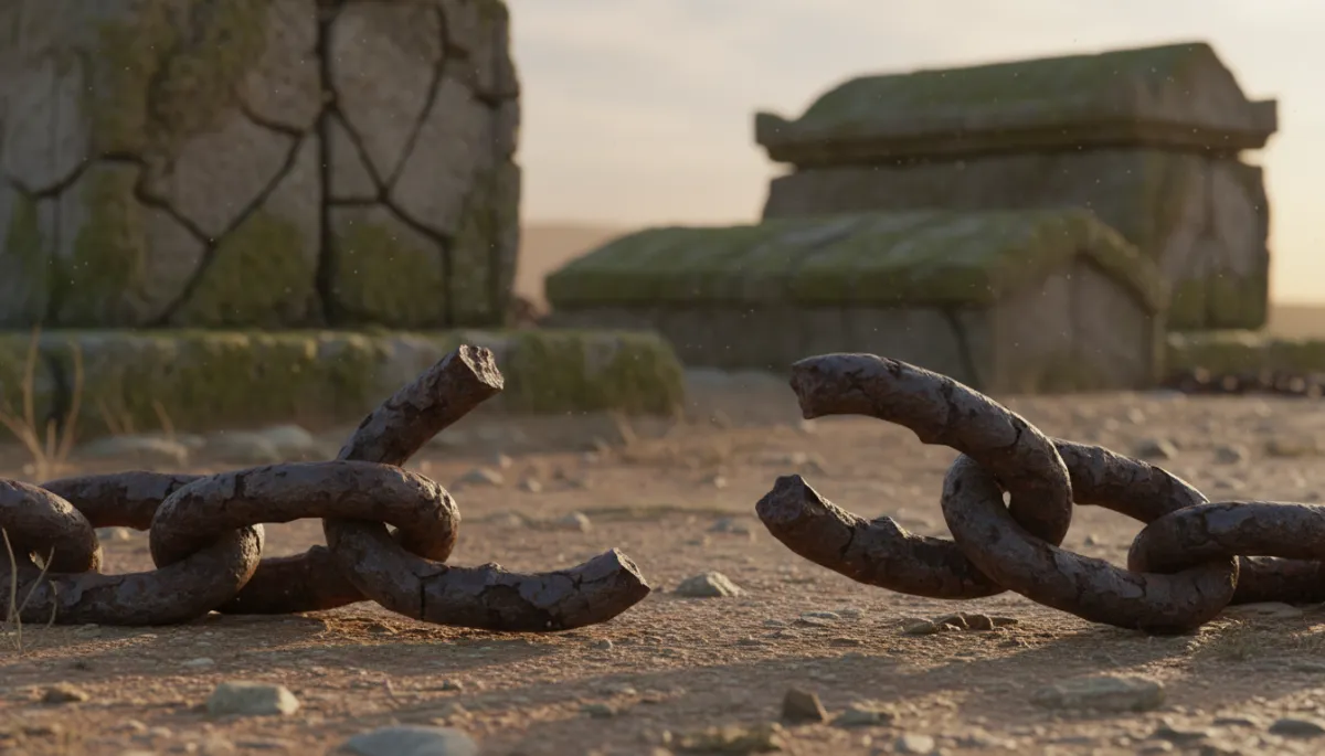 Broken chains on the ground near stone tombs in warm neutral tones Broken chains on the ground near stone tombs in warm neutral tones