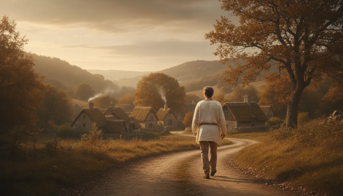 Restored man walking calmly back toward a village at dusk in warm neutral tones Restored man walking calmly back toward a village at dusk in warm neutral tones