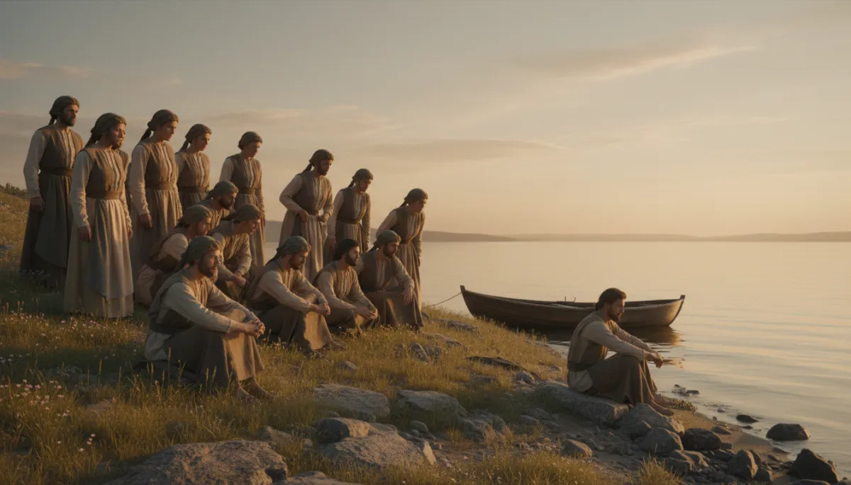 Villagers watching a calm restored man from a cautious distance in warm neutral tones Villagers watching a calm restored man from a cautious distance in warm neutral tones