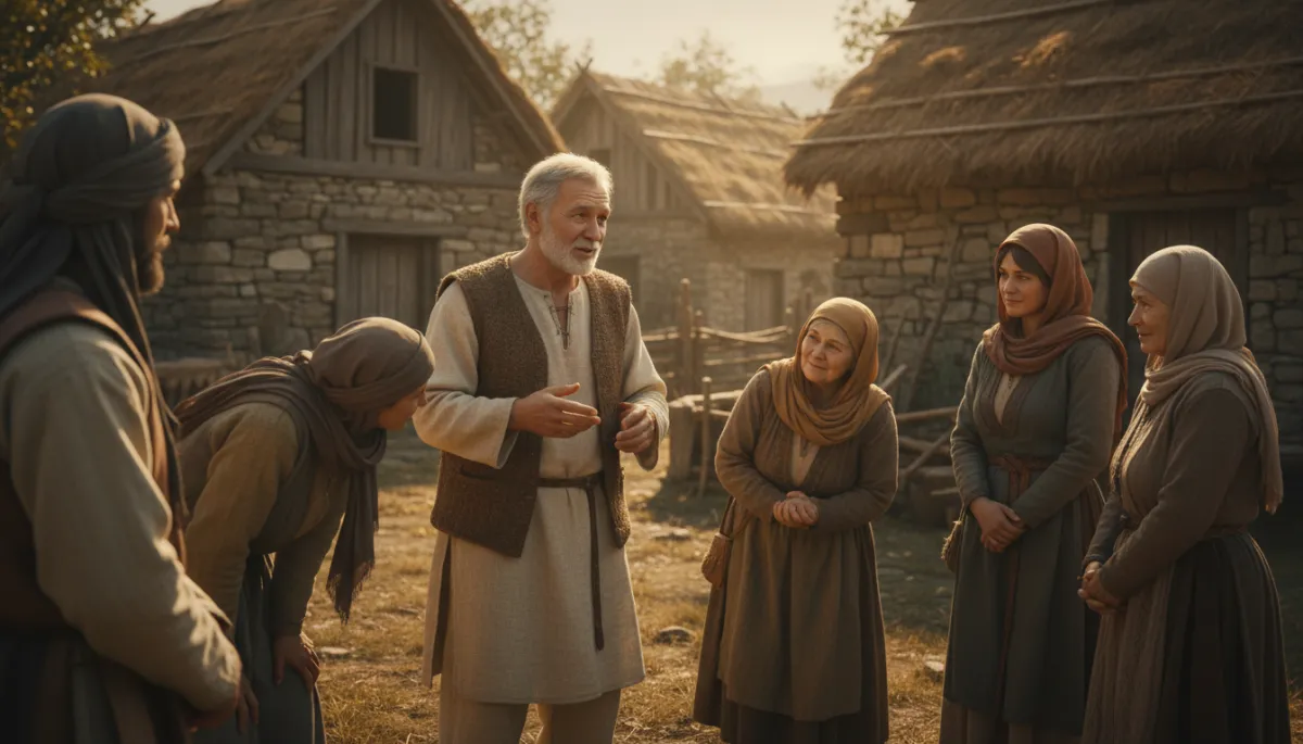 Restored man sharing his story with villagers in warm neutral tones Restored man sharing his story with villagers in warm neutral tones