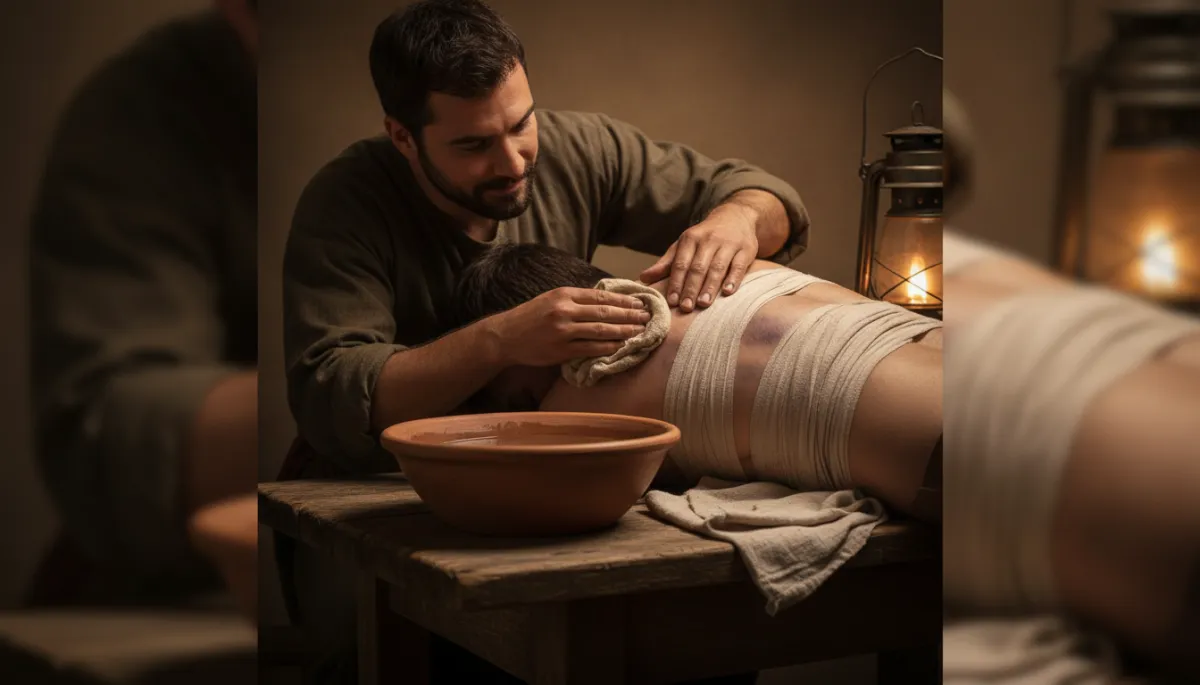 A man gently washing another man's wounded back by lantern light A man gently washing another man's wounded back by lantern light