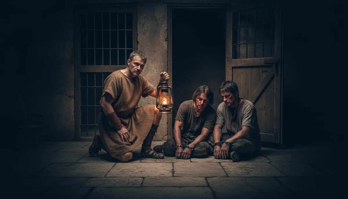 A jailer kneeling before two prisoners with open doors behind them A jailer kneeling before two prisoners with open doors behind them