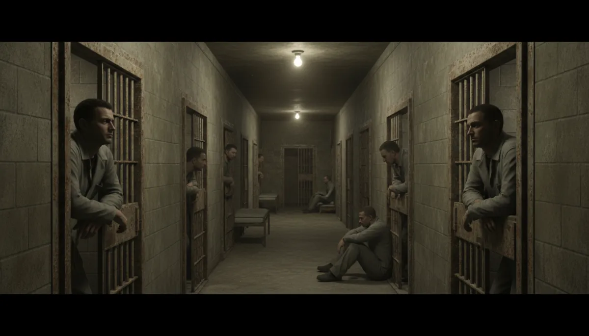 Prisoners in separate cells quietly listening down a dim corridor Prisoners in separate cells quietly listening down a dim corridor