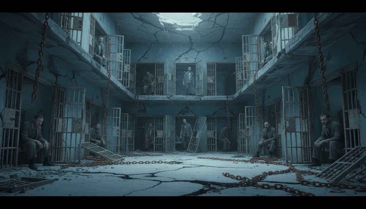 Open cell doors and fallen chains with prisoners still staying inside Open cell doors and fallen chains with prisoners still staying inside