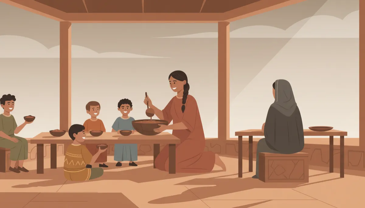 Ancient family meal where one woman has children around her and another sits with an empty place