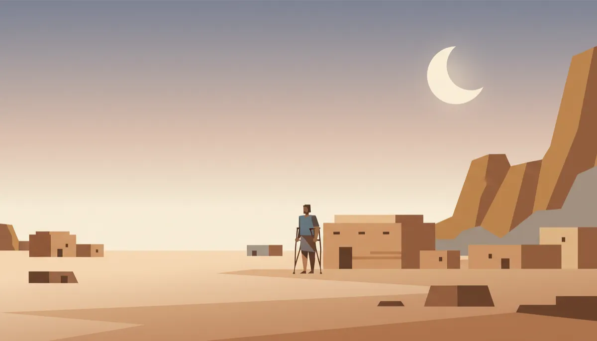 A solitary man with a leg injury standing on crutches outside a simple dwelling in a barren settlement A solitary man with a leg injury standing on crutches outside a simple dwelling in a barren settlement