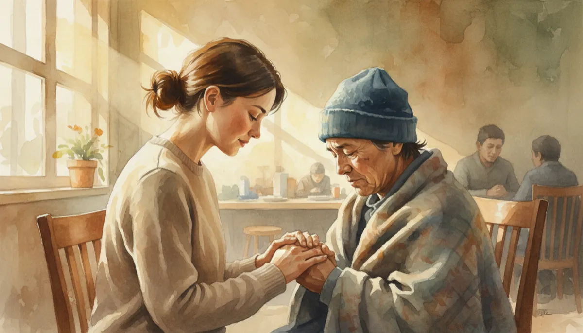 Volunteer praying with a person in a shelter, reflecting compassionate outreach