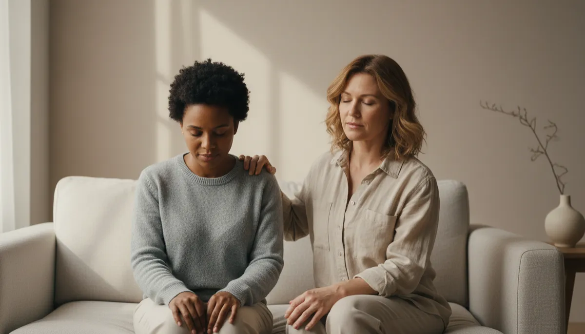 Two people sitting together in quiet prayer, one comforting the other