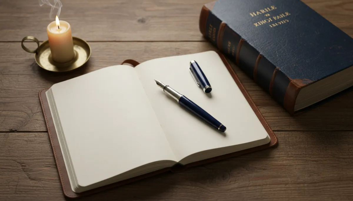 Open journal and Bible on a wooden table with a lit candle