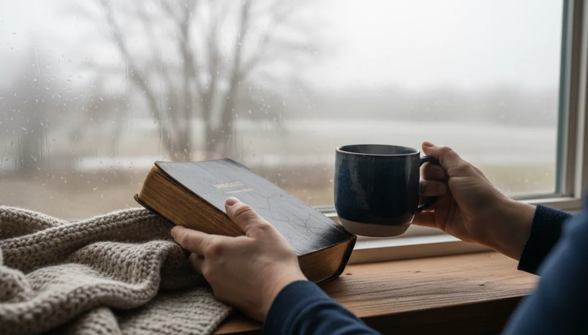 Hands holding a Bible and mug by a window on a gray winter day