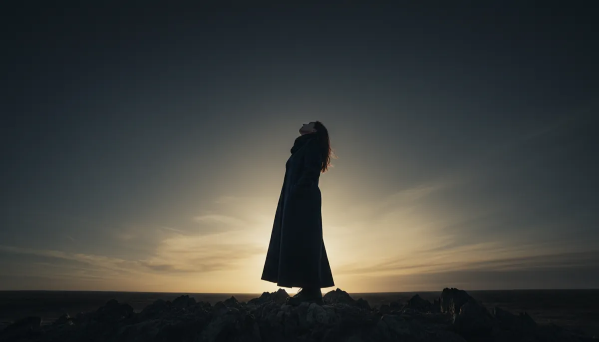 Person standing at dusk looking up at a wide sky