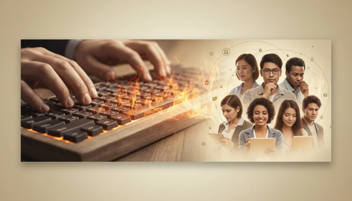 Close-up of a person typing on a keyboard with focused expression