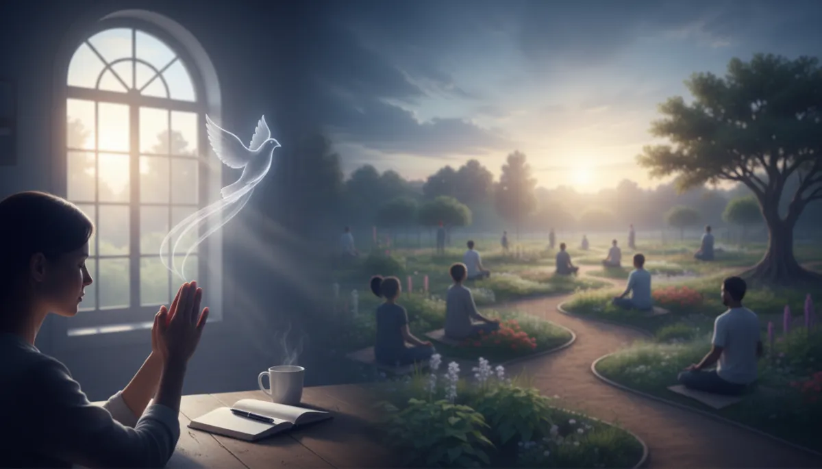 A serene scene of a person praying in a peaceful setting