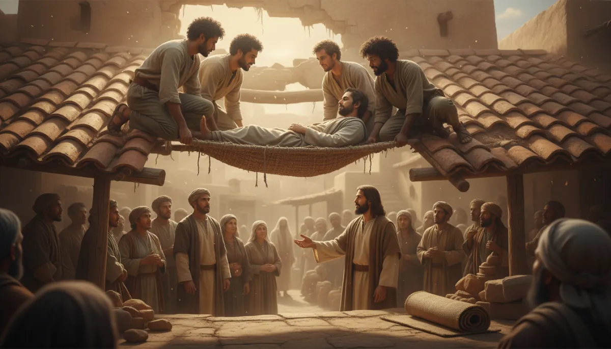 Overhead view of friends lowering a man through a roof