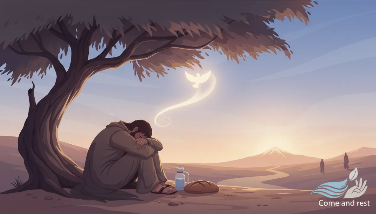 Elijah resting under a broom tree seeking God's guidance