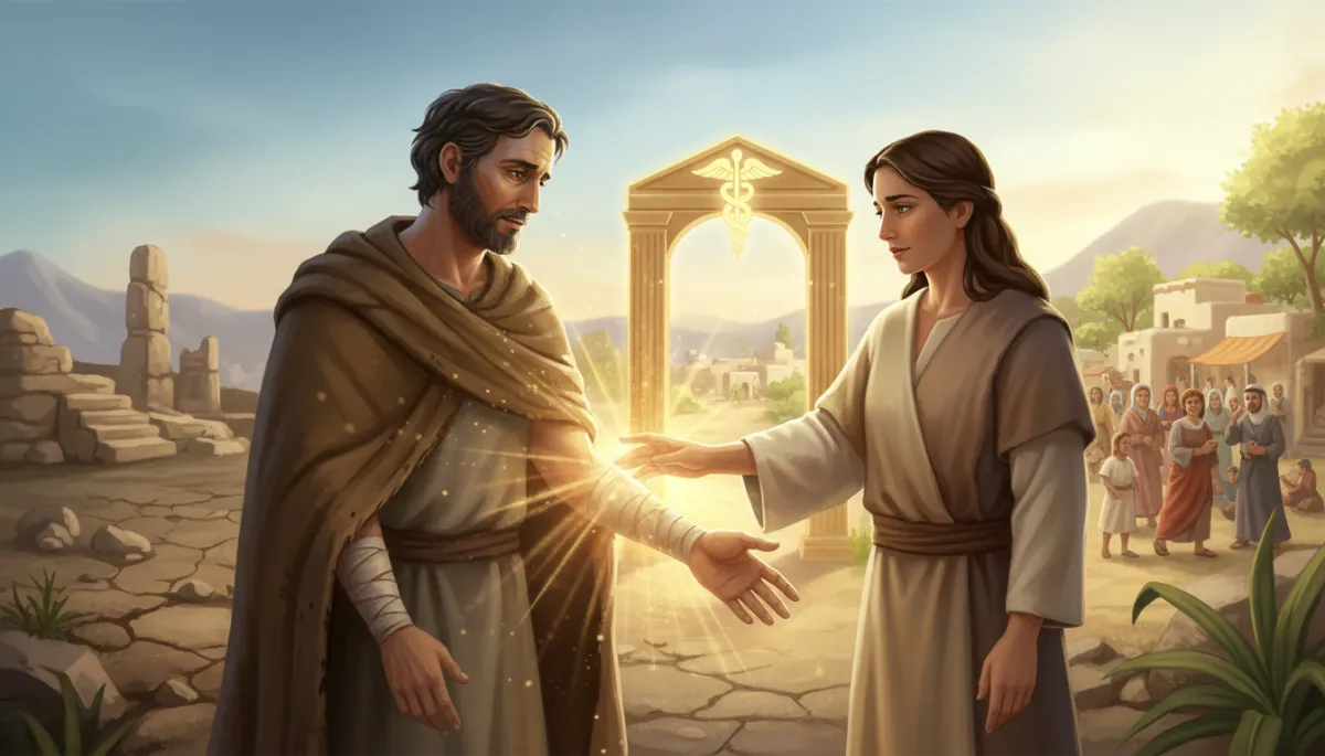 Pastor holding hand of man on bench at city mission