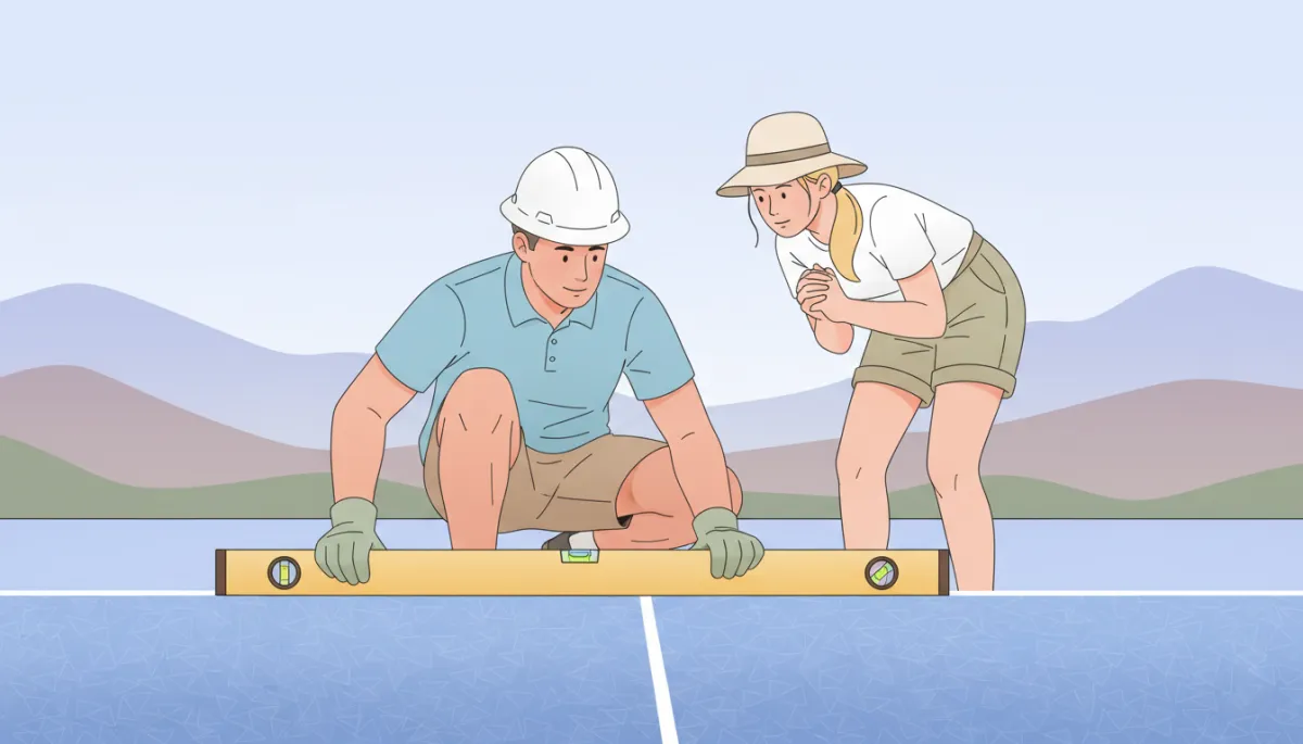 Contractor inspecting the surface of a residential pickleball court in Utah