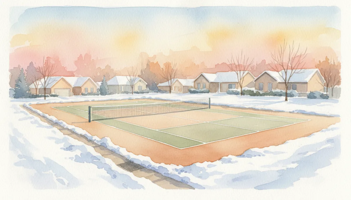 Outdoor pickleball court in Utah with visible slope and drainage for snow and rain