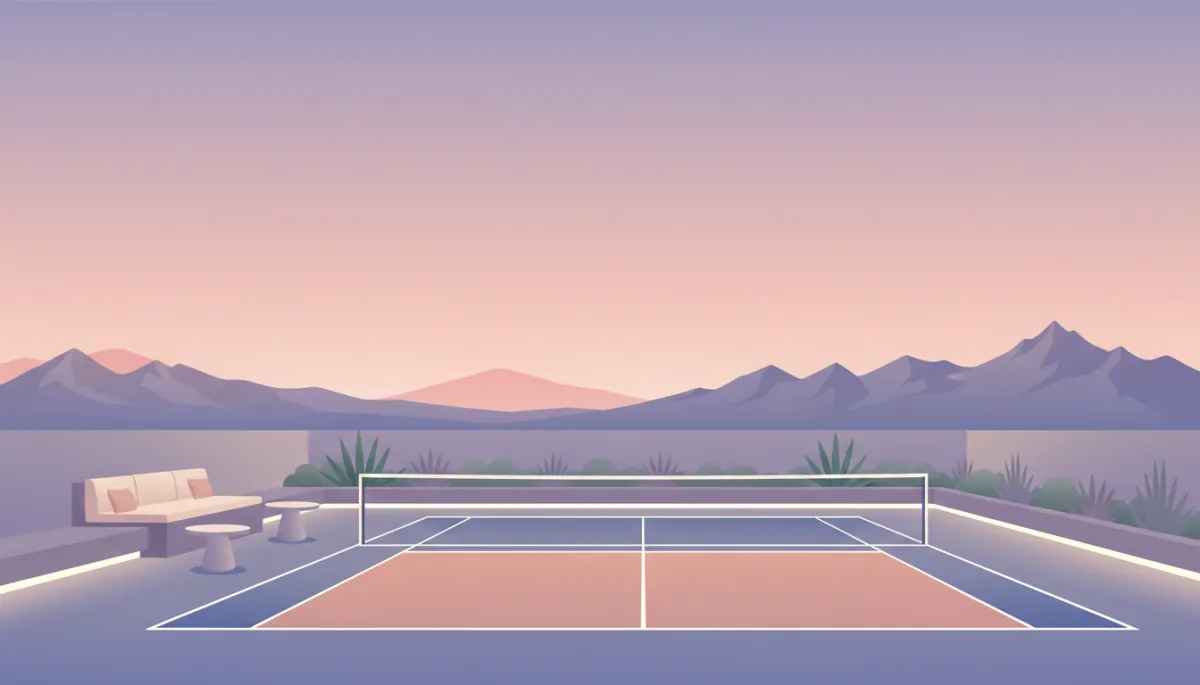 Utah backyard pickleball court illuminated with neutral-toned LED lighting at dusk