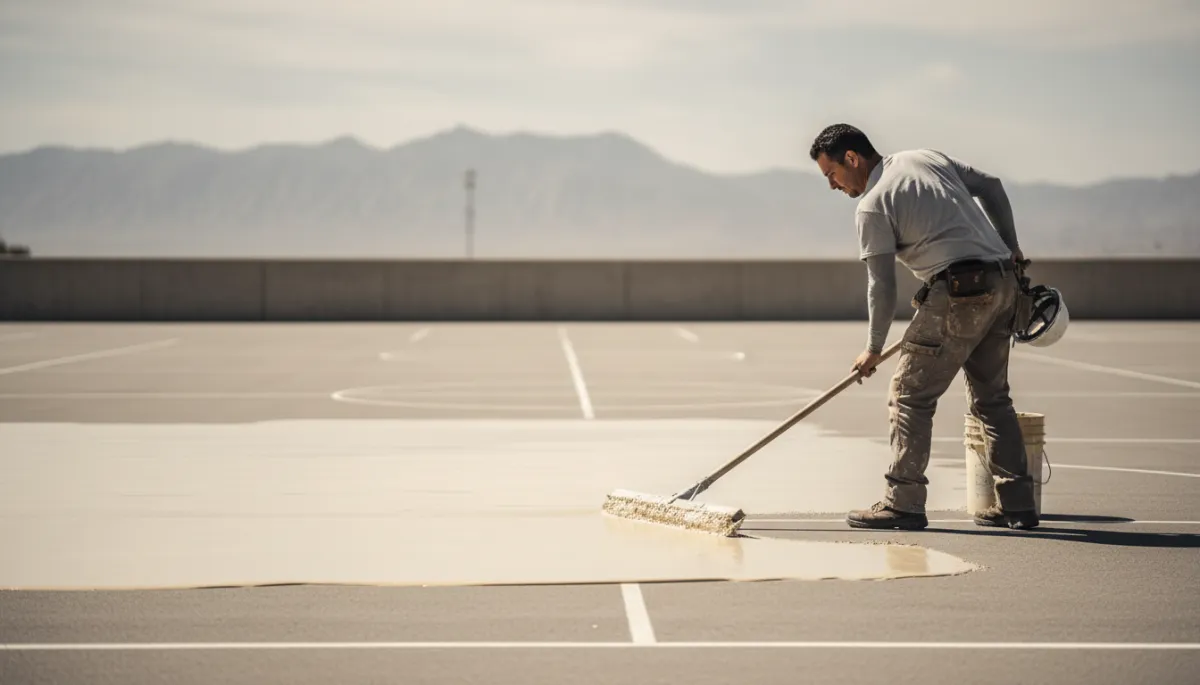 Contractor applying acrylic coating while resurfacing an outdoor basketball court in Utah