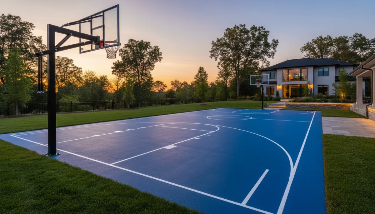 Freshly coated basketball court surface with crisp game lines